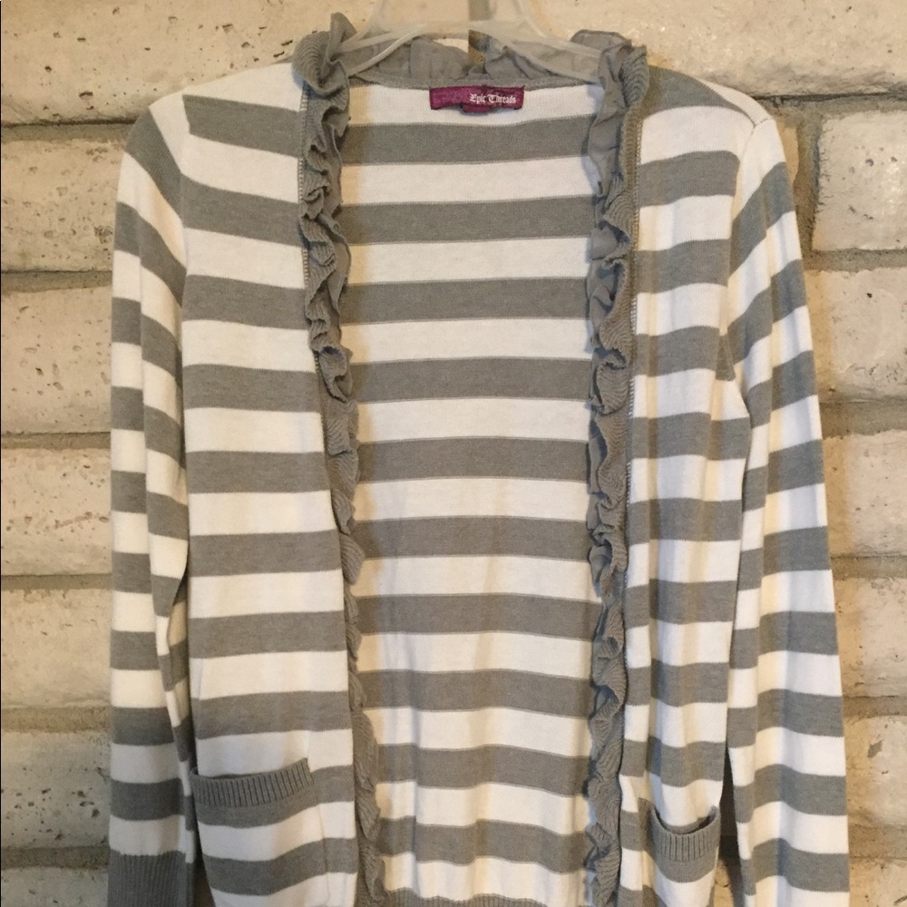 Gray and White Striped Cardigan